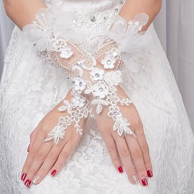1 Par de Luvas de Renda para Casamento - Luvas Longas de Fada com Punhos Transparentes e Renda Delicada para Acessórios de Noiva