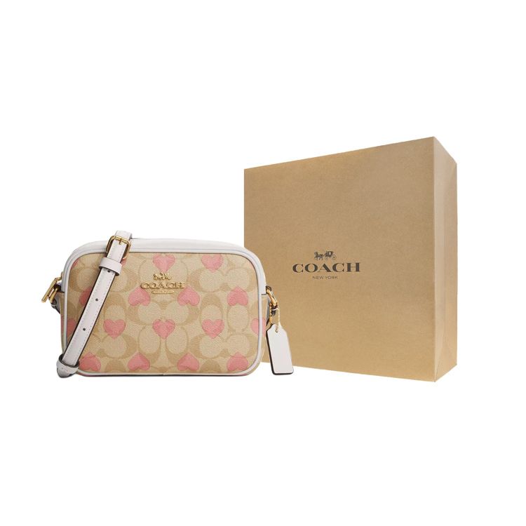 Coach Jamie 20 Classic Monogram Heart Adjustable Shoulder Strap Zipper Closure Crossbody Bag Small Women Crossbody Bag Khaki Pink CO940-IMOTV