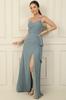 Shiny Thin Straps Draped Front Side Handkerchief Lined Chiffon Long Dress