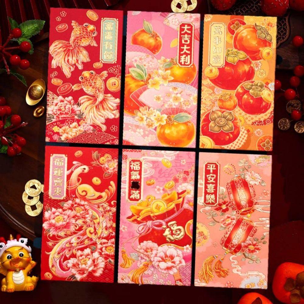 6pcs Mixed Pattern Chinese New Year Red Envelope Hot Stamping Red Packet HongBao  Year of The Snake