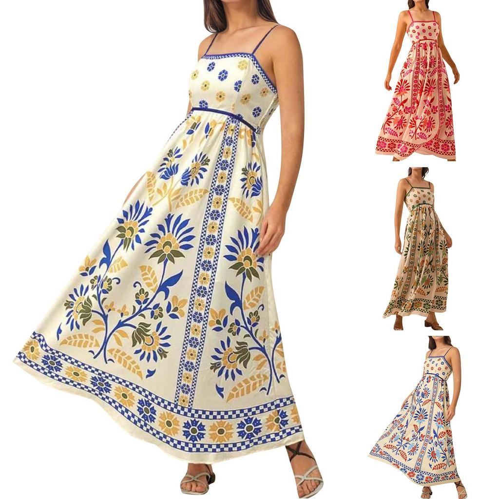 Women's Casual Fashion Vintage Floral Print Suspender Dress Elegant Holiday Dress