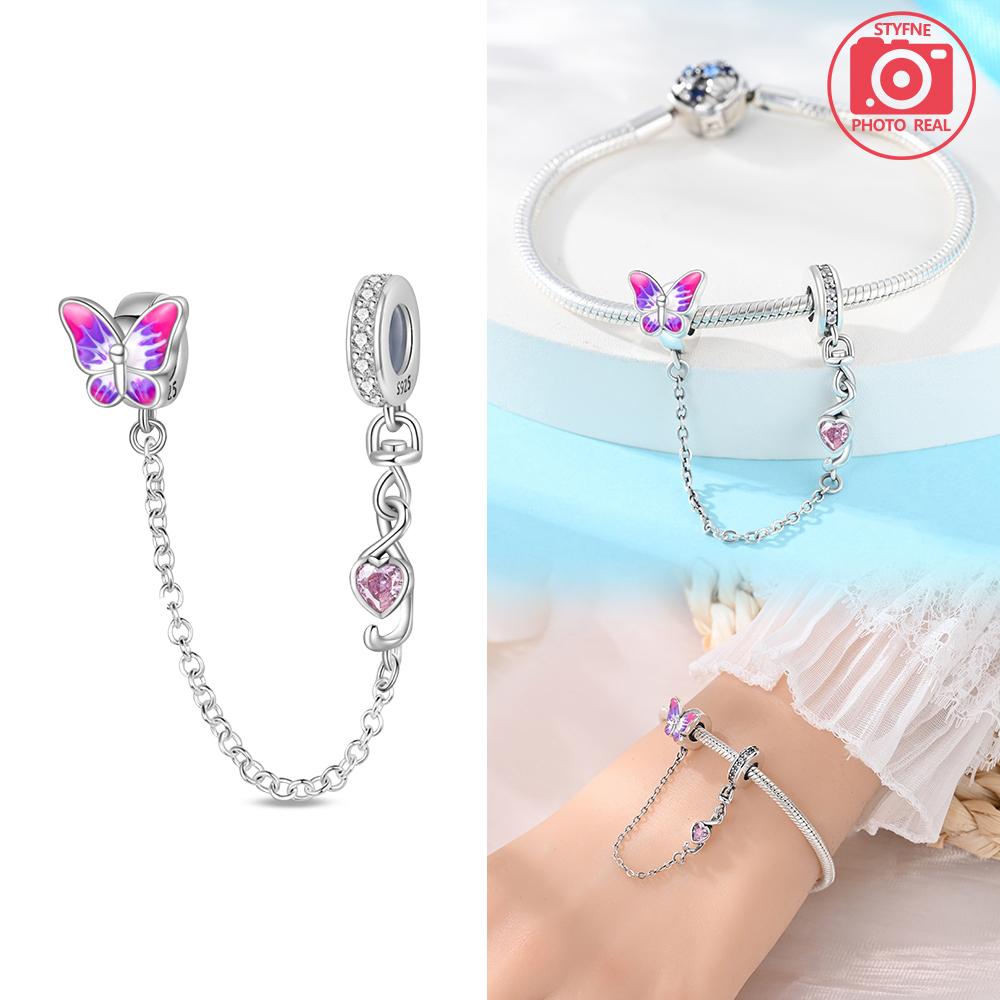 New Copper Colors Pink And Purple Butterfly Safety Chain Pendant Fit Copper Colors Original Bracelets Diy Birthday Jewelry Gift