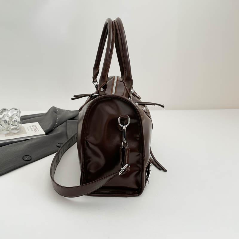 Glossy Faux Leather Duffel Bag Women's Fashion Shoulder Tote with Front Zip Pocket and Adjustable Strap