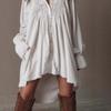 Women's Lace Embroidered Shirt Dress Long Sleeve Button Down Loose Fit Boho Mini Dress