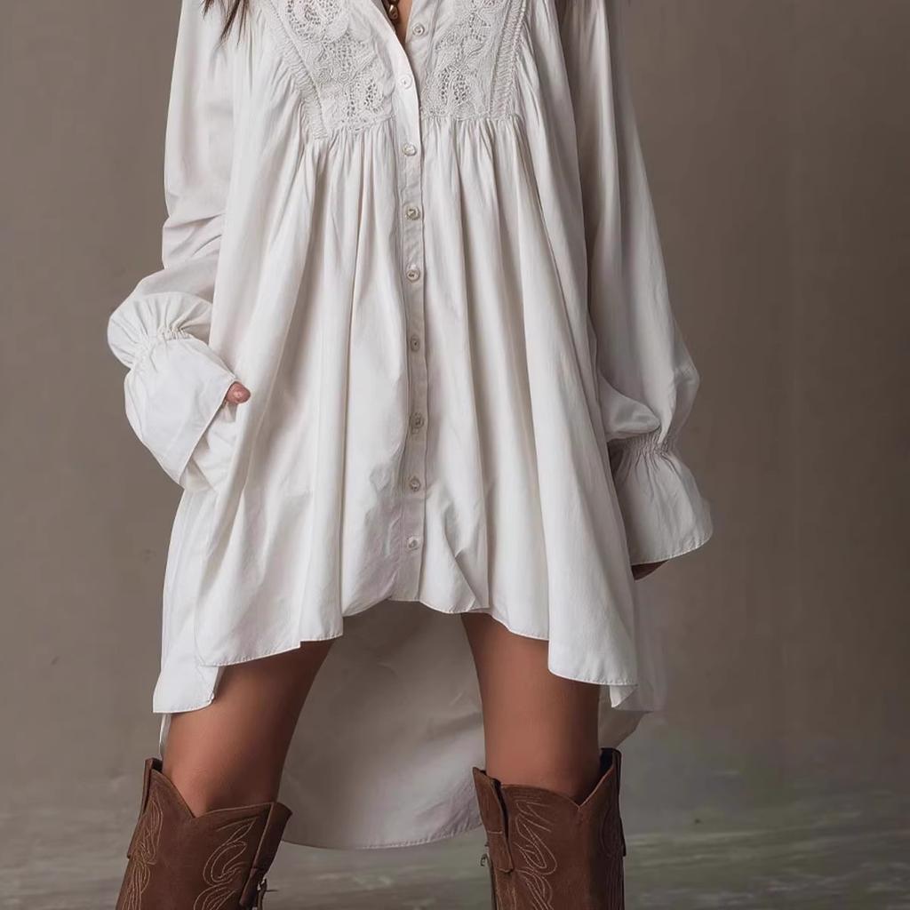 Women's Lace Embroidered Shirt Dress Long Sleeve Button Down Loose Fit Boho Mini Dress