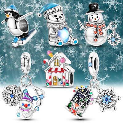 Copper Charms Winter Snowman Snowflakes Penguin Beads Pendants Fit Original Bangle Bracelet Charm Diy Jewelry Gift