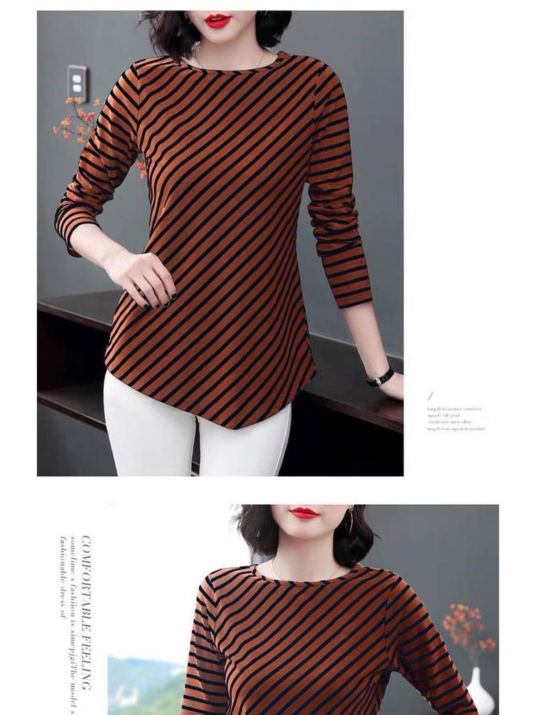 2022 Plus Size Women's Long Sleeve Striped T-Shirt - Loose Fit, Fashionable Spring/Autumn Top for Moms