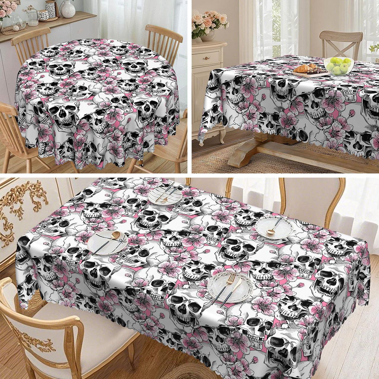 1 Gothic Skull Tablecloth - Pink Flowers With Skull, Complex Skull Pattern, Polyester Fabric. round tablecloth-152x152cm