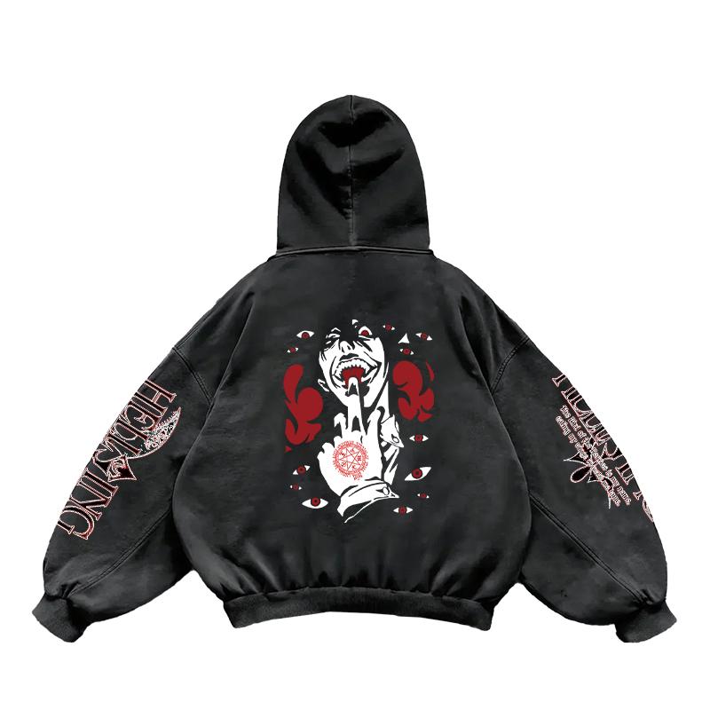 Anime Hellsing Manga Print Hooded Men Women Washed Cotton Hoodies Harajuku Streetwear Hip Hop Sweatshirt Comfortable Pullover