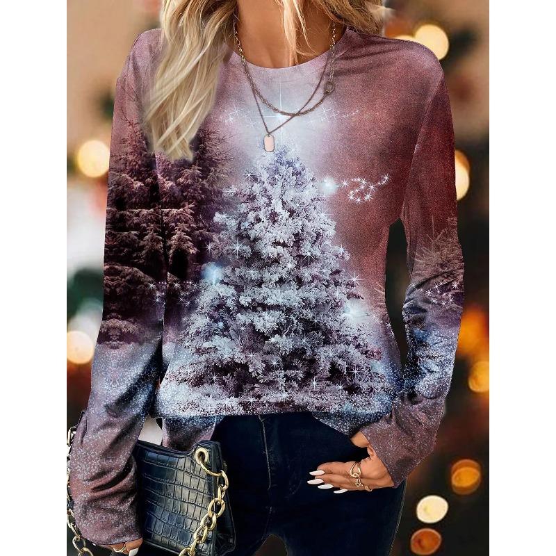 Top cu gât rotund de primăvară și toamnă, cu temă de Crăciun, imprimat 3D, tricouri de damă la modă și casual cu mâneci lungi