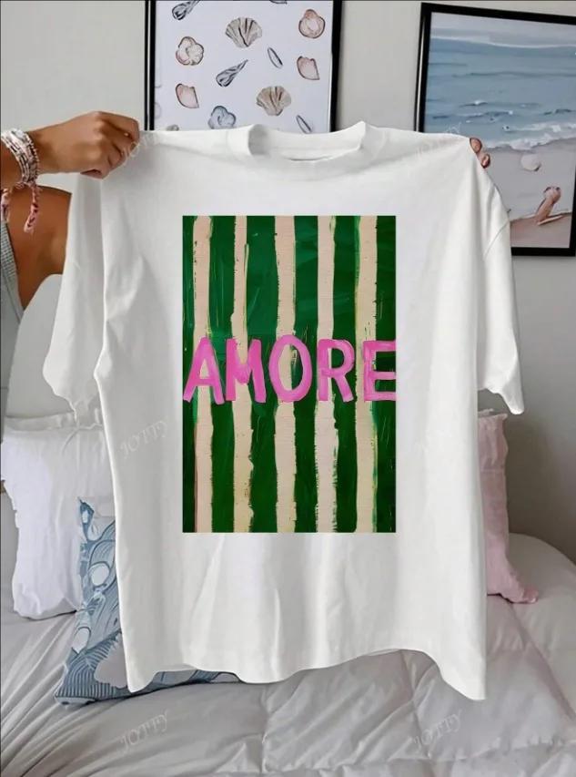 Amore Striped Art Pattern Summer Outfits Unisex Casual Round Neck Short Sleeve Female Tshirt Tops