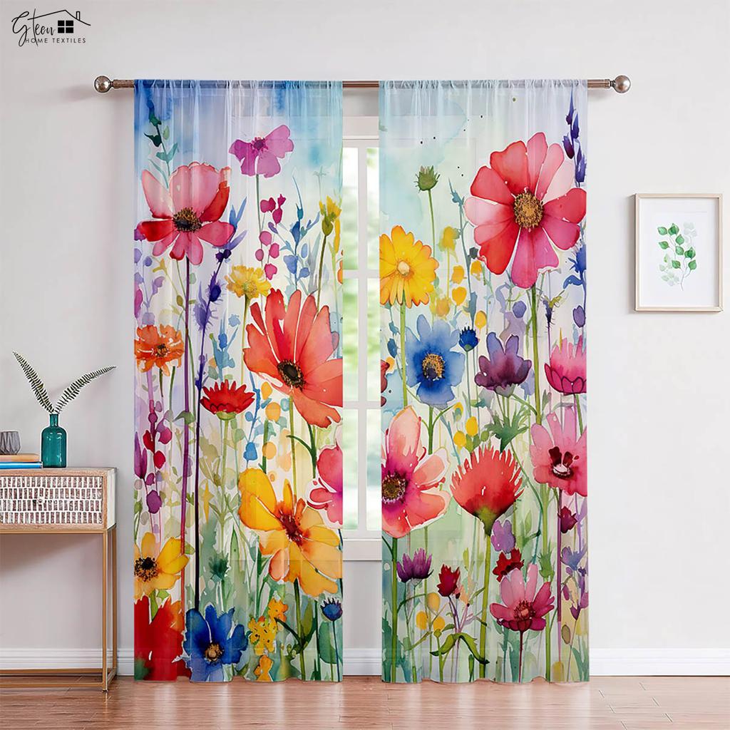 2-Piece Wooden Wisteria Flower Butterfly Printed Window Curtains Pastoral Style Bed Room Living Area Study Kitchen Curtains