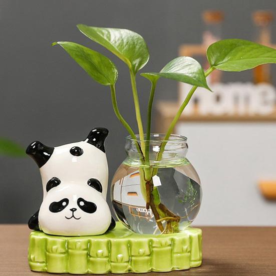 Desktop Glass Planter Vase Holder Small Cute Ceramic Panda Hydroponic Vase Decorative Flowers Plants Pot for Desk Table