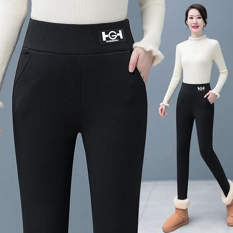 Women Winter Leggings Solid Warm Leggings Thicken Lamb Cashmere Hight Waist Butt Lift High Stretchy Walking with Pocket Pants