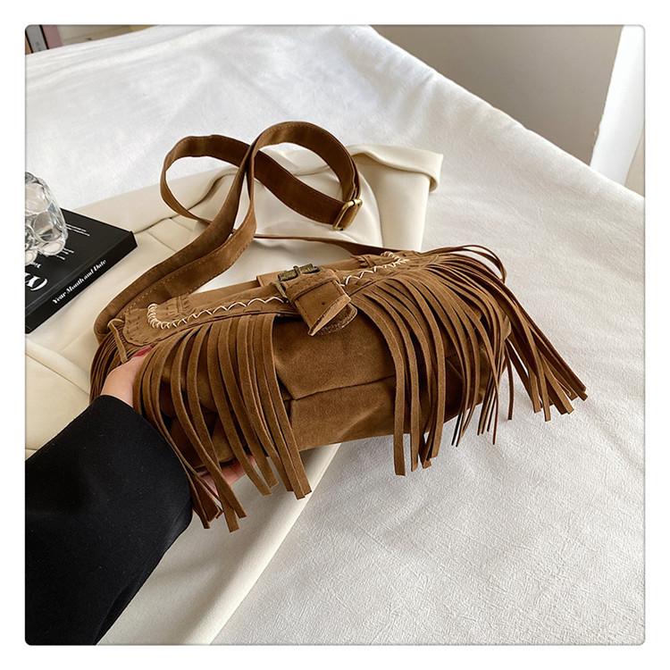 Tassel Bag Brown Retro Western Denim Bag Niche Ethnic Bohemian Messenger Bag Women's Trendy Shoulder Bag