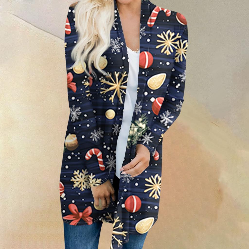 Dámský módní ležérní kardiganový kabátek střední délky s vánočním stromkem