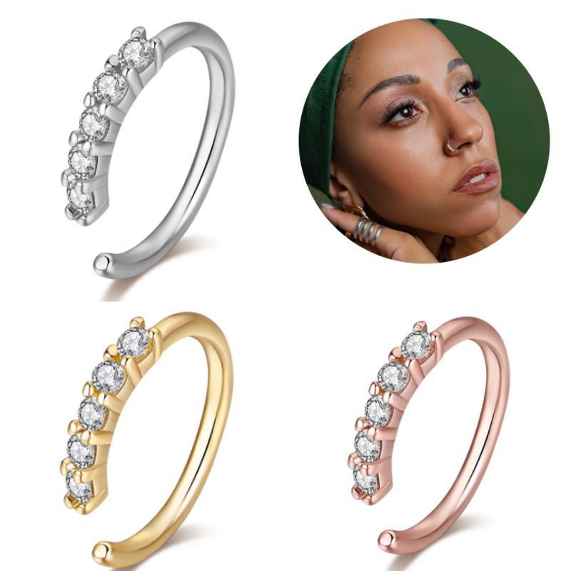 Piercing de Nariz em Zircônia em Forma de Arco Europeu e Americano: Joia para Piercing Corporal de Cobre sem Furo, Cravejada com Diamantes.