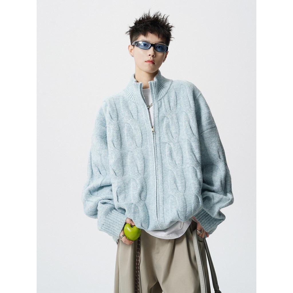 American solid color texture knitted cardigan jacket men's and women's autumn and winter new loose lazy style casual zipper sweater