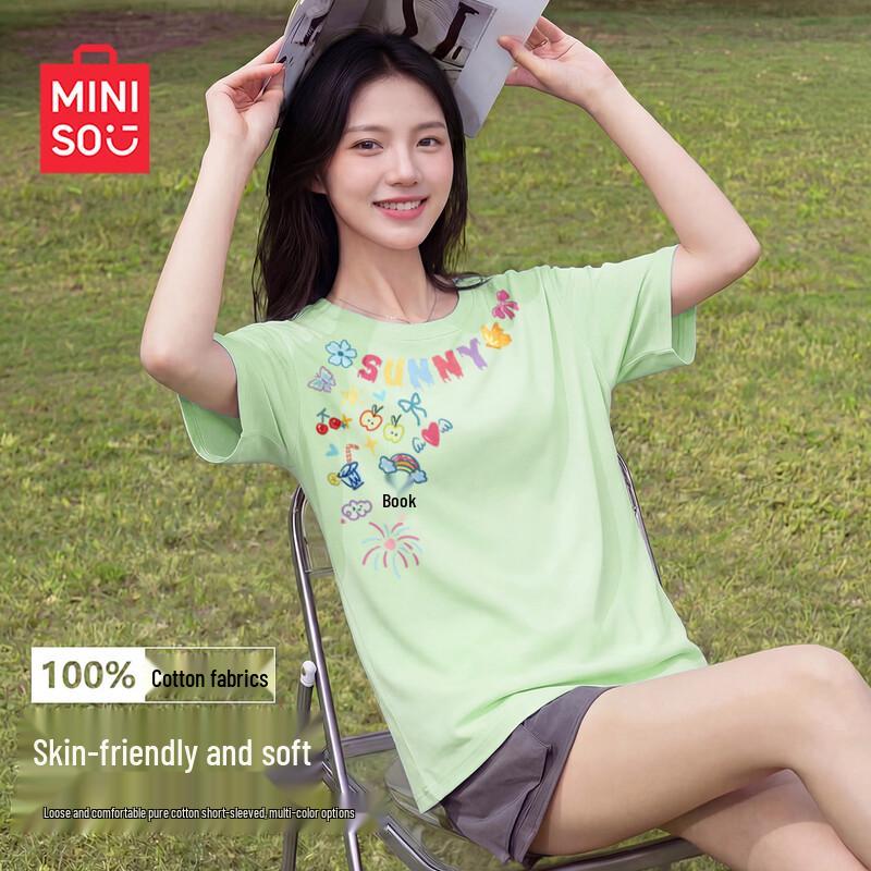 

MINISO Women s Cotton Loose Fit Round Neck Short Sleeve T-Shirt L