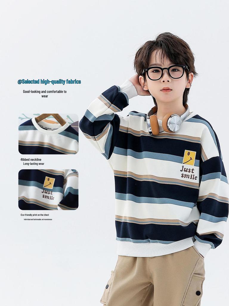 Boys' Fleece-Lined Striped Crewneck Hoodie - 2025 Autumn/Winter, Thick Long-Sleeve, Fashionable for Older Children