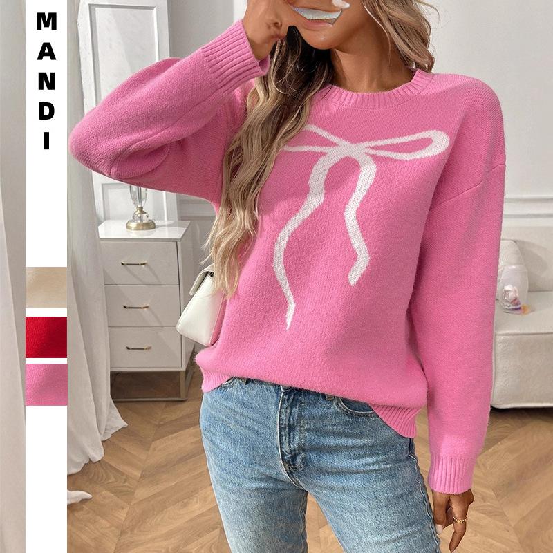2025 New Women's Style Retro Casual Bow Jacquard Sweater