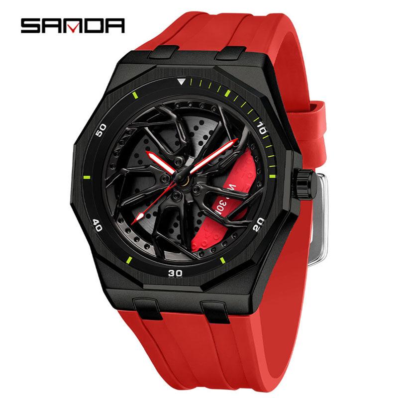 Sanda Brand Men's 360° Rotating Wheel Hubcap Design Quartz Watch Fashion Sports Silicone Waterproof For Daily Wear Hollow Watch
