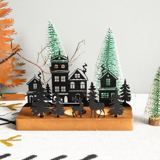 Solid Wood Iron Holder Christmas Town Silhouette Candle Holder, Wooden Tea Light Stand for Indoor Ornament Tabletop Decoration, Metal Festive