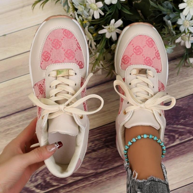 Hiking shoes women's new large size flower lace-up color matching breathable women's casual sports shoes