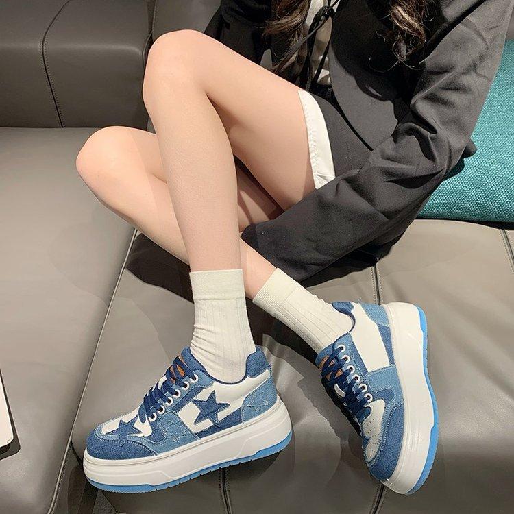 Leather platform versatile white shoes women's spring and autumn 2025 new denim blue star versatile casual skateboard shoes
