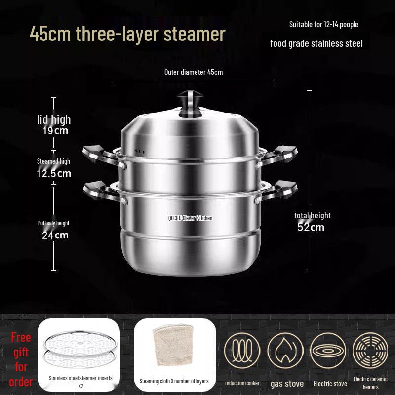 Large 304 Stainless Steel Three-Layer Household Steamer for Induction and Gas Stoves