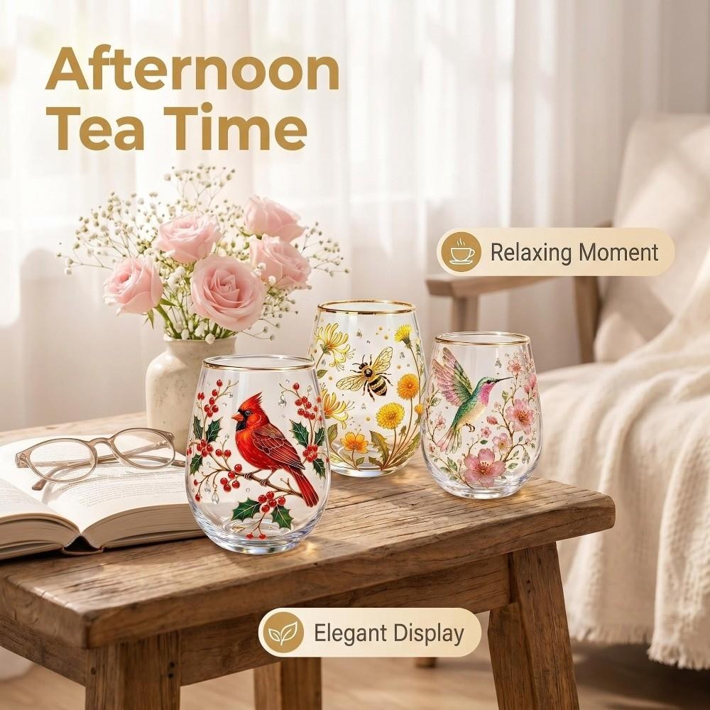 Creative Transparent Hummingbird Pattern Mug Embossed Cartoon Floral Pattern Cup Aesthetic Glass Tea Cups Gift