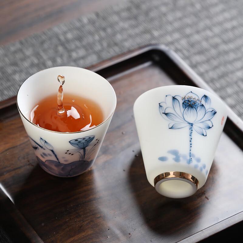MULTIPOTENT Mutton-Fat Jade Style Green Lotus Hand-Painted Tea Cups (Set of 2)