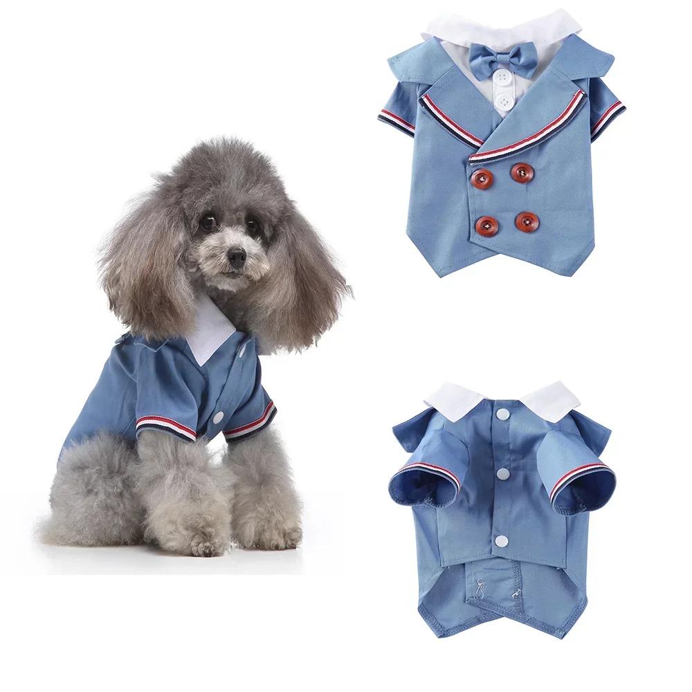 Cute Striped Dog Tuxedo Tailcoat Wedding Outfit Gentleman Pet Suit with Bow Tie for French Bulldog Halloween Costume