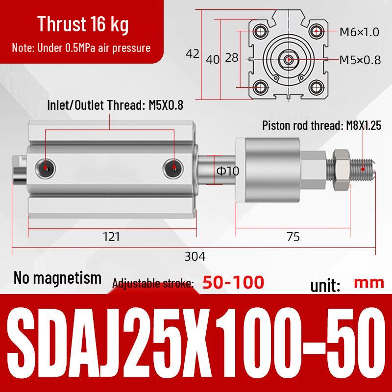 Adjustable Stroke Pneumatic Thin Cylinder - Piston Rod Sizes: 16/20/25/32/40/63
