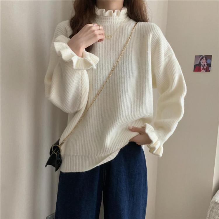 

Autumn Winter Women Long Sleeve Half Turtleneck Pullover Sweater Top Solid Color Knitted Design with Fungus Edge One Size молочный белый