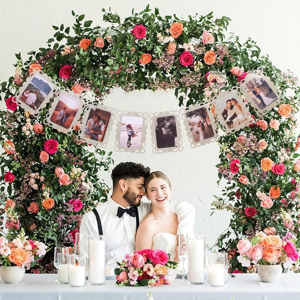 Golden Photo Banner for 4x6 Inch Pictures – 8 Pcs Hanging Photo Frame Banner for Bridal Shower, Engagement, Birthday, Wedding Decorations, Gold