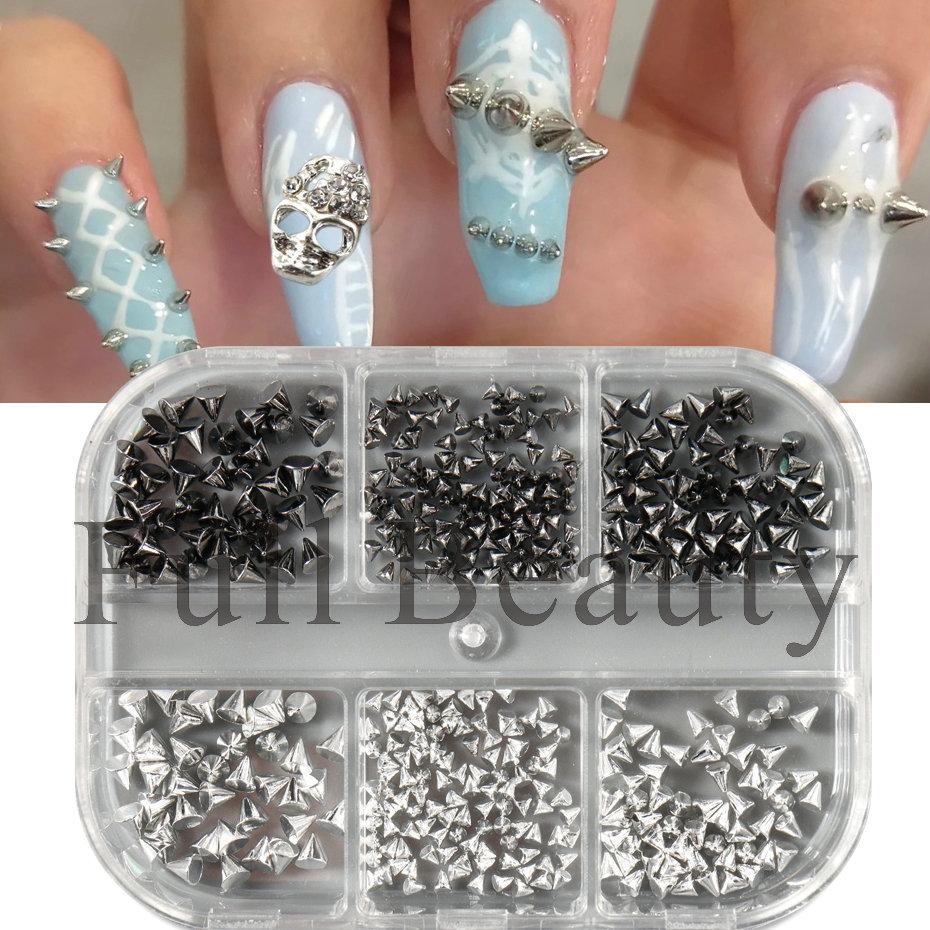 Nail Art Jewelry 6-Grid Boxed Black Silver Rivet Punk Bullet Nail Art Jewelry