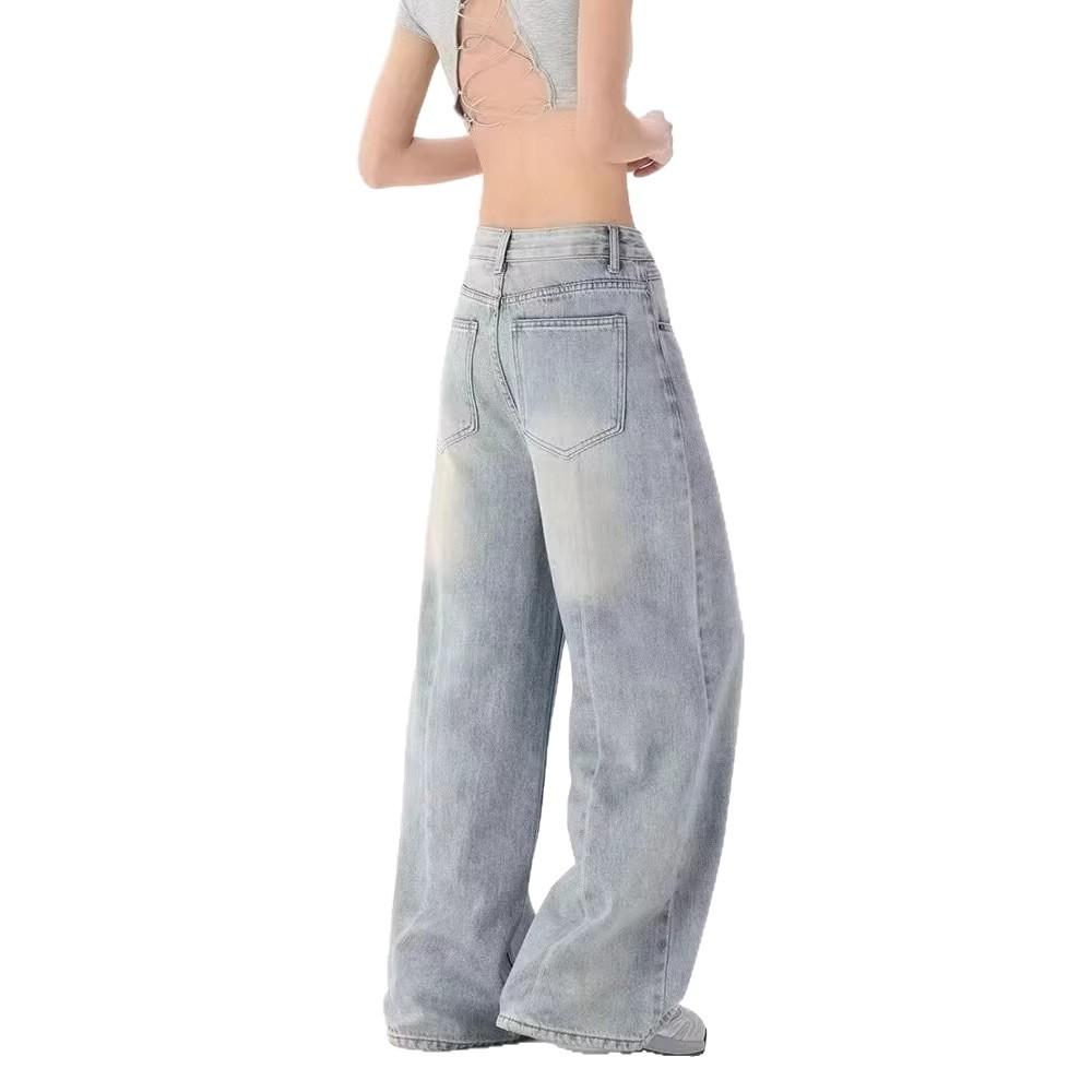 Retro light blue spring and summer new retro jeans women's American loose design slim mopping wide leg pants pants