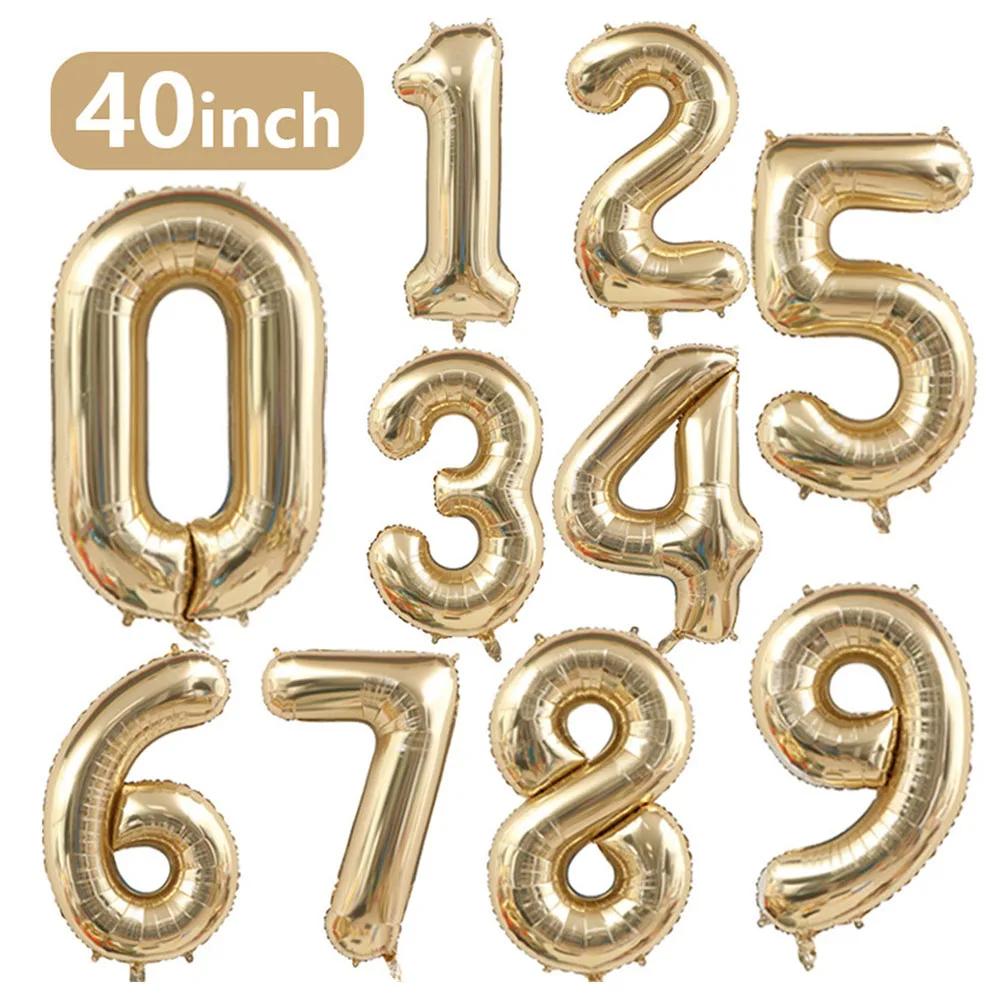 1PCS 40 Inch Large White Gold Light Gold Digital Foil Balloon for Girls' Birthdays Helium Big Number0-9 Balloon Decoration