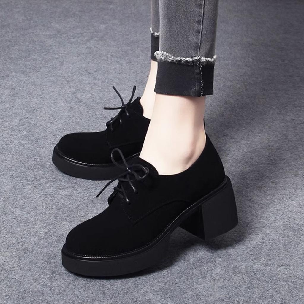 Thick-soled matte suede super soft sheepskin loafer single shoes women's 2025 spring and autumn round head new leather shoes thick heel lace-up