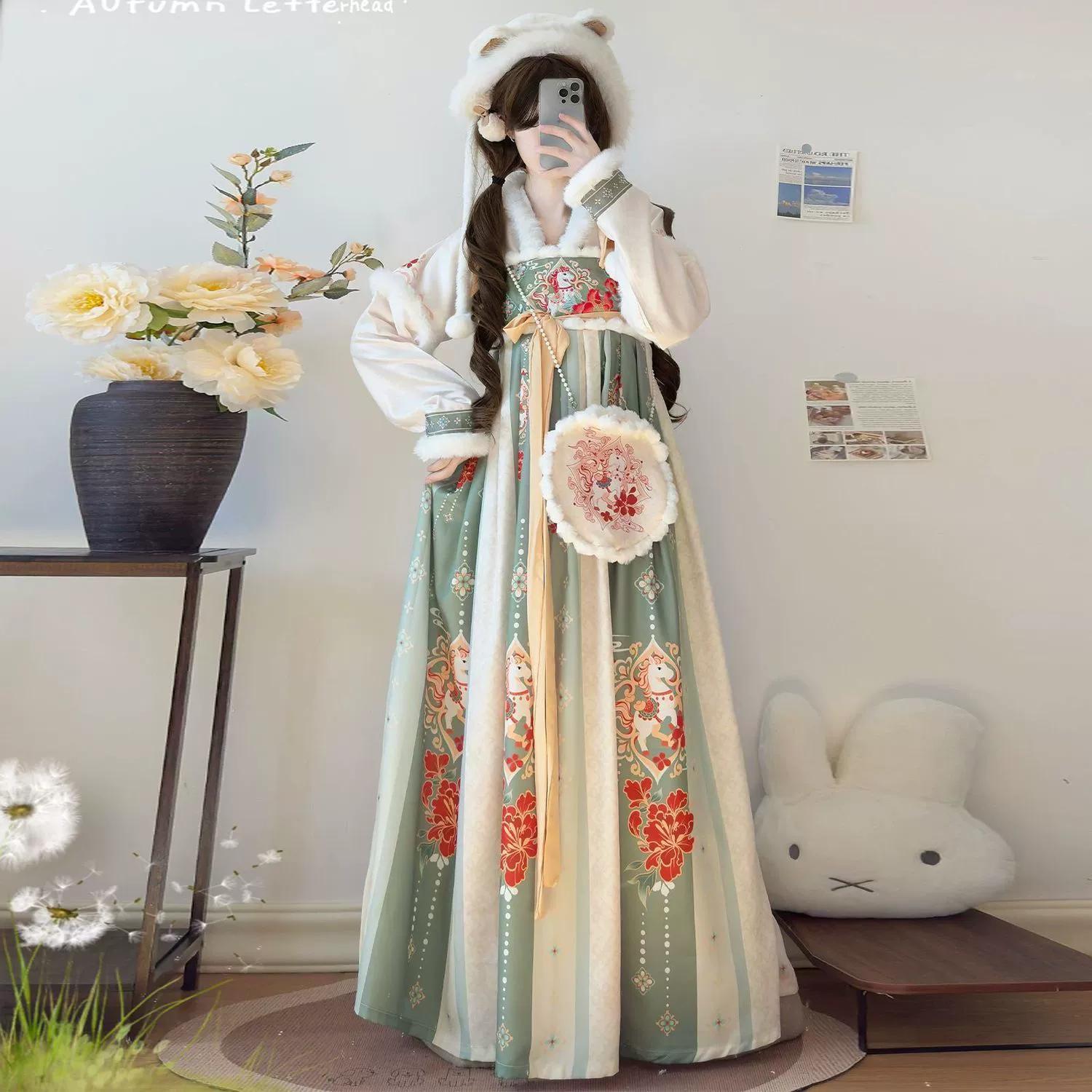 

Chinese Ming Dynasty Style Hanfu For Women Winter Embroidered Plus Velvet New Year Clothes L