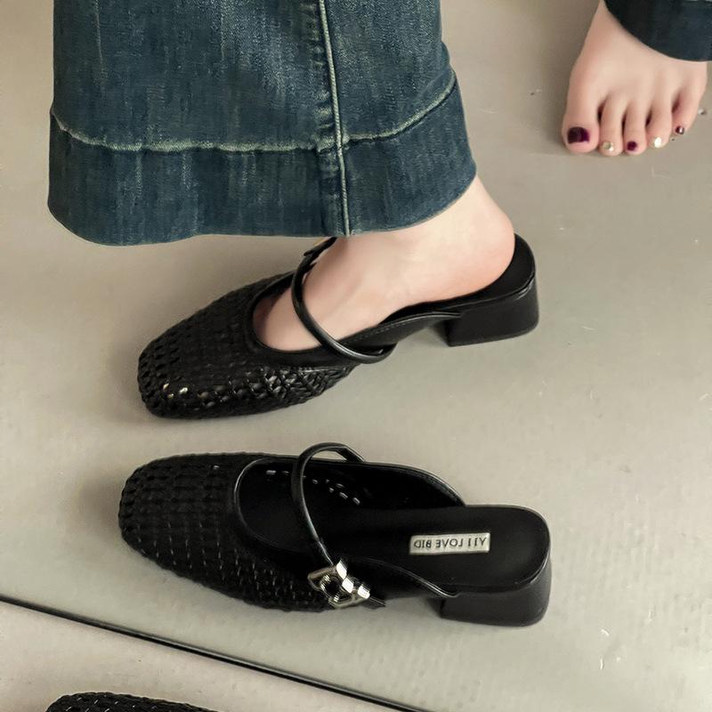 Simple retro mesh one-word pointed head thick heel high heel slippers summer temperament woven versatile soft sole sandals women's shoes