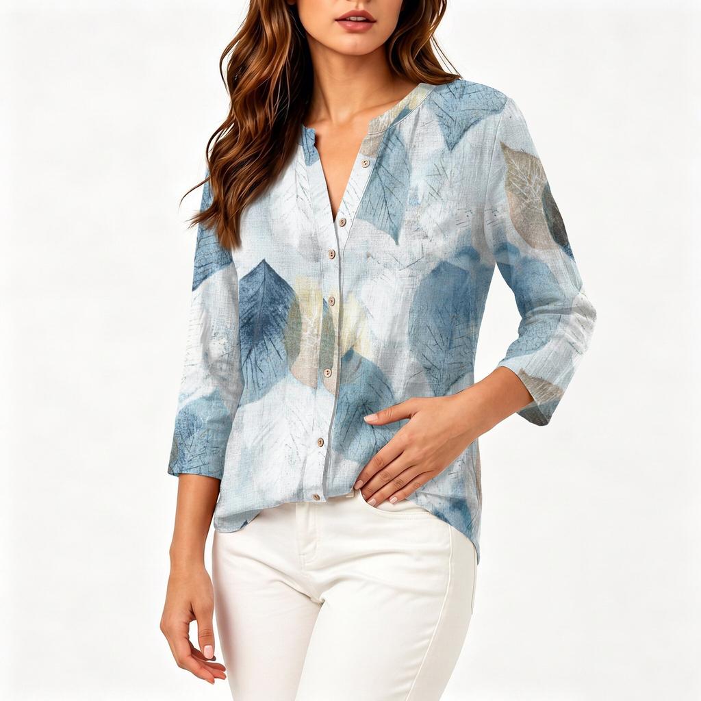 Women Vintage Floral Print Button Down Henley Collar Shirt Three Quarter Sleeve Linen Cotton Blouse Casual Lightweight Top