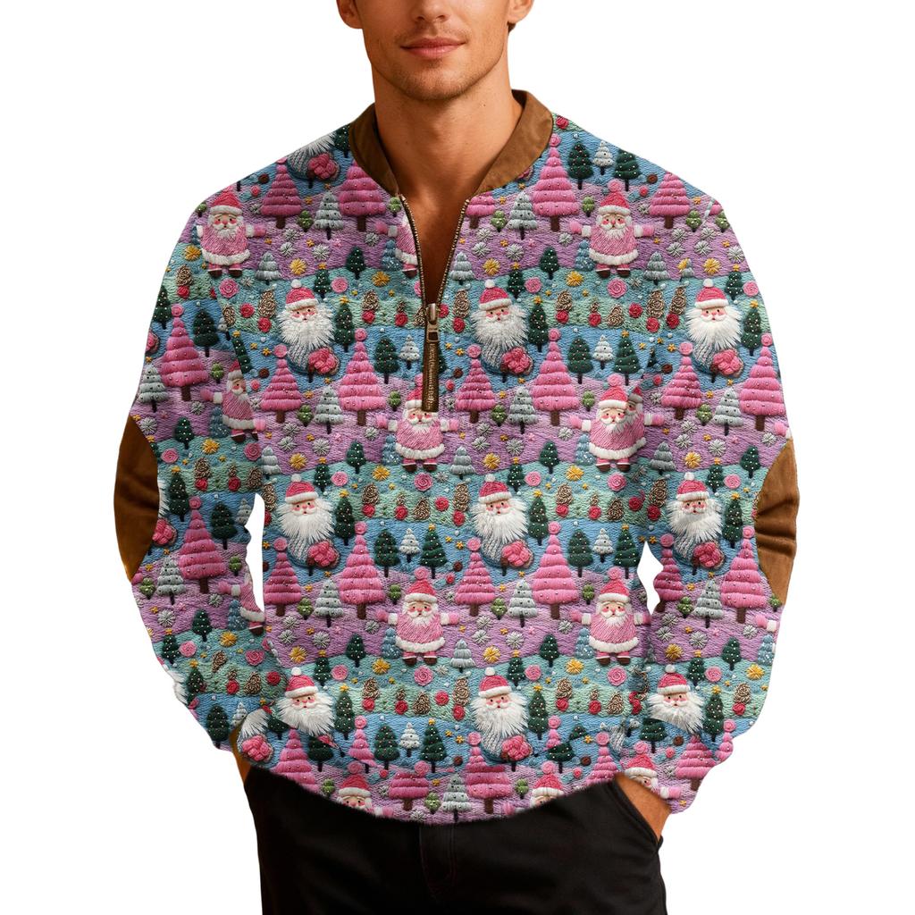 Mens Christmas Zip Up Sweatshirts Xmas Stand Collar Pullover Tops
