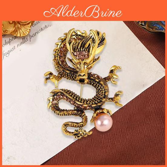 Men Style Enamel Chinese Brooch Dragon Shape Faux Pearl Pin Clothing Coat Badge Jewelry Party Accessories