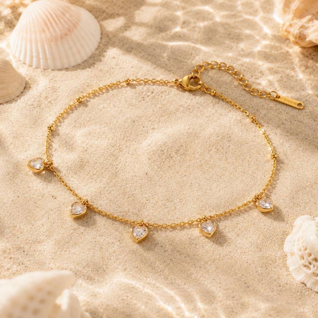 Heart Stainless Steel Anklet Bracelet Waterproof Gold Plated CZ Stone Satellite Chain French Style Jewelry for Women