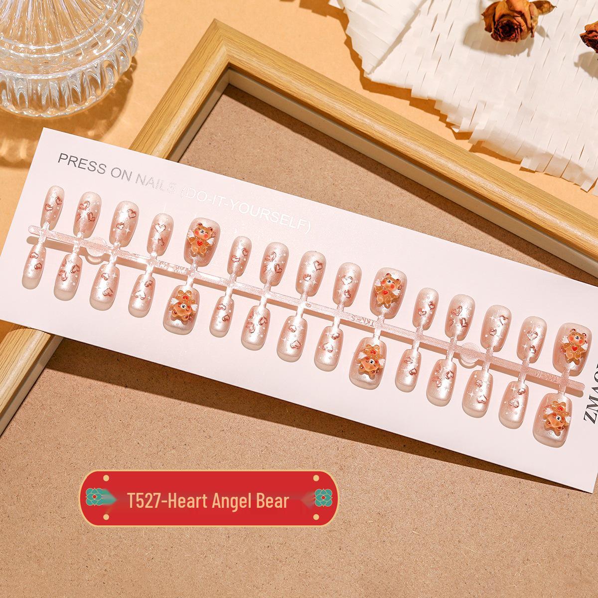 

T527 Pink Heart & Diamonds Angel Bear Rose Gold Cat Eye Press-On Nails