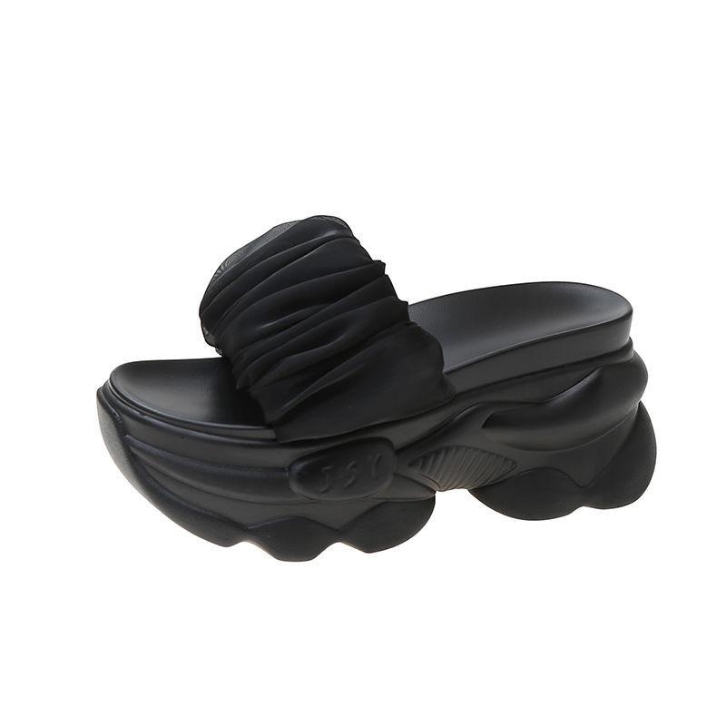 CINESSD Summer Platform Slippers Women Blue Pleated Riband Discolor Ladies Chunky Sole Beach Cool Wedges Slides Shoes Woman