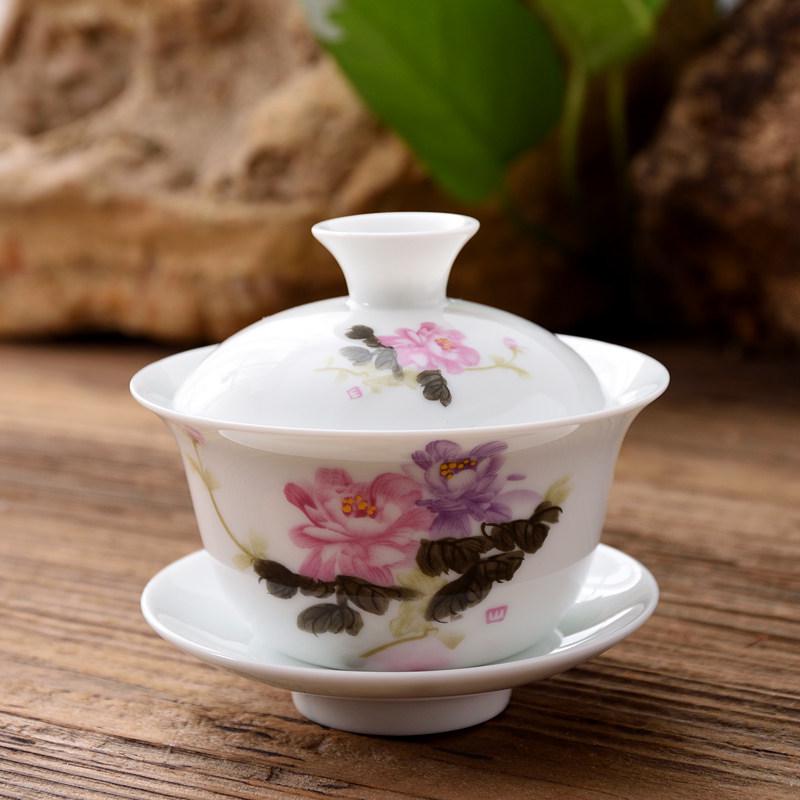 3.4-Inch Blue & White Ceramic Gaiwan Tea Set - 3-Piece, 100ml Capacity