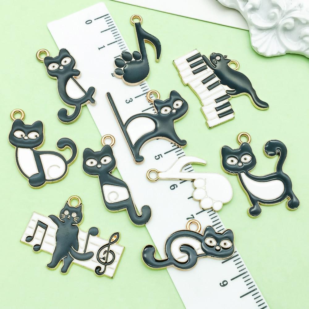Set of 10 Black & White Enamel Cartoon Cat Music Note Charms for DIY Jewelry